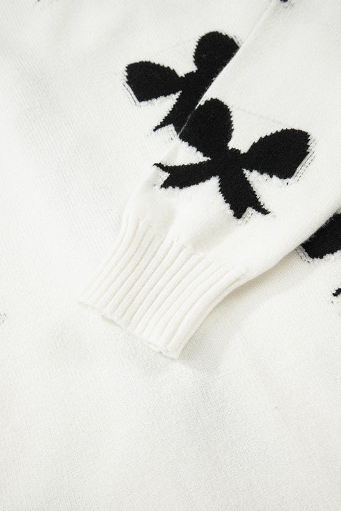 Ribbon Tie Front Bow Jacquard Knit Cardigan